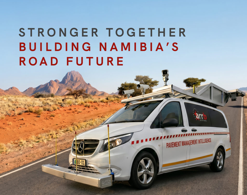 ARRB Systems iPAVe vehicle conducting high-speed road survey in Namibia with Lithon engineering team.